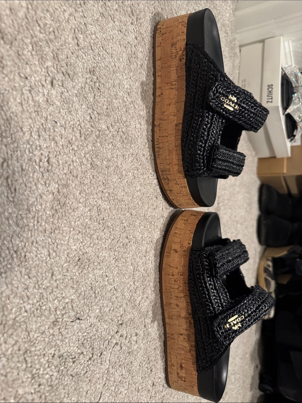 Coach Black Raffia Cork Platform Slide Sandals - Picture 5 of 8